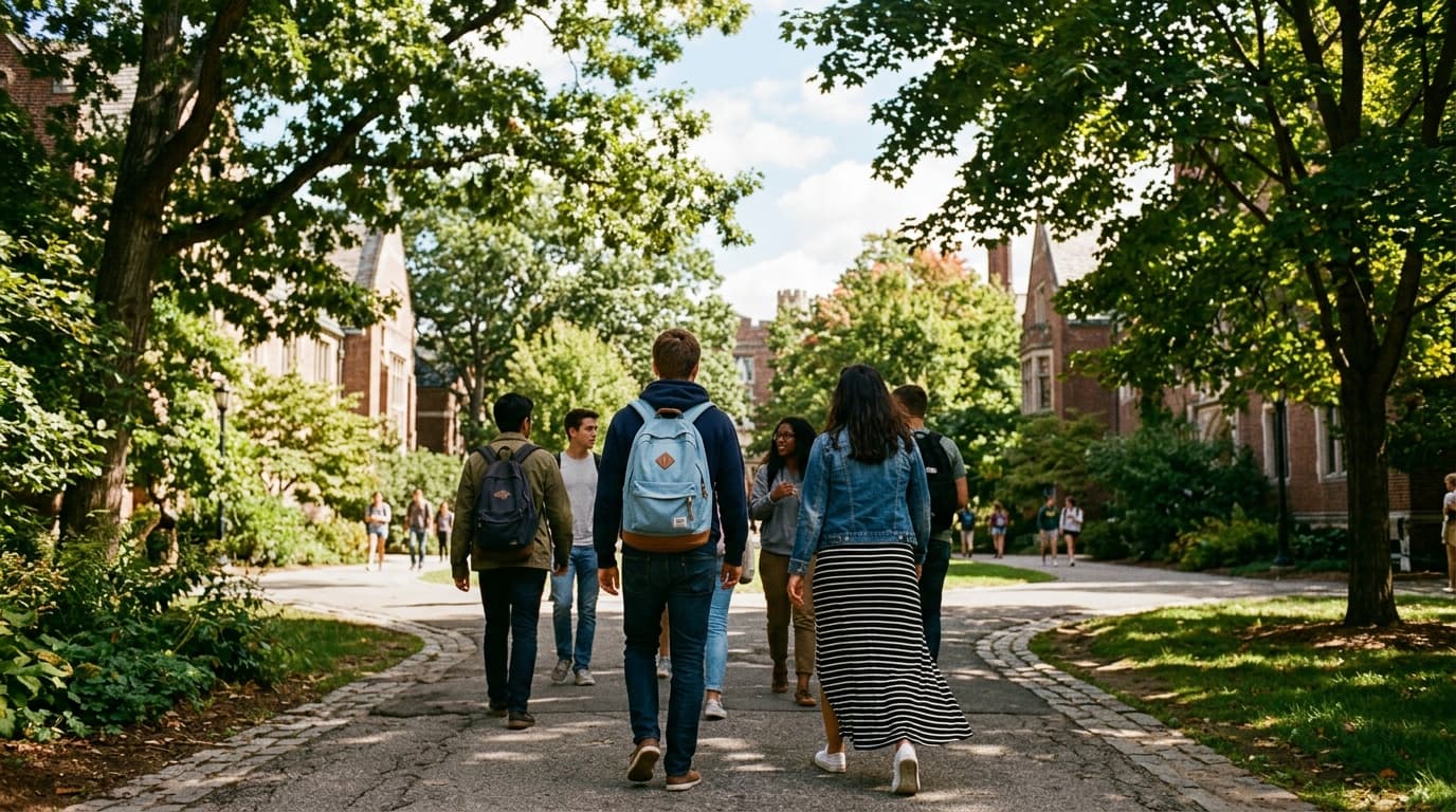 College students with backpacks walking along a tree-lined campus pathway